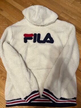 Fila White Sherpa Hoodie with Navy and Red Logo